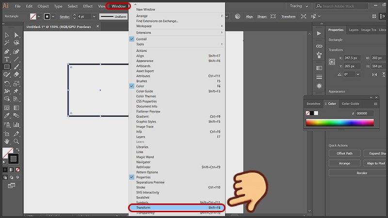 Chọn Window v&agrave; chọn Transform
