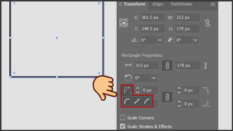 Ở bảng Transform bạn nhấn v&agrave;o kiểu bo g&oacute;c