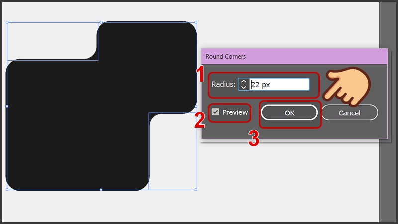 Chỉnh th&ocirc;ng số Radius để chỉnh độ bo g&oacute;c của h&igrave;nh, nhấn OK để lưu