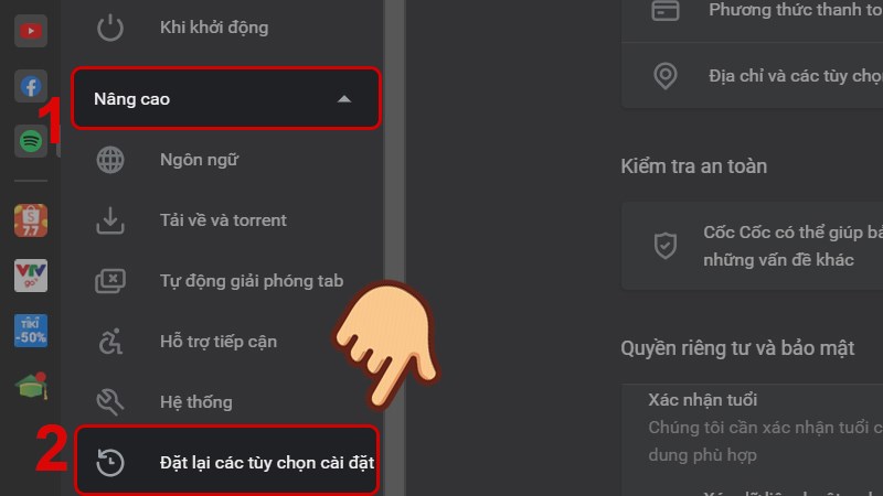 Bấm vào mũi tên xổ xuống ở phần Nâng cao và chọn Đặt lại các tùy chọn cài đặt