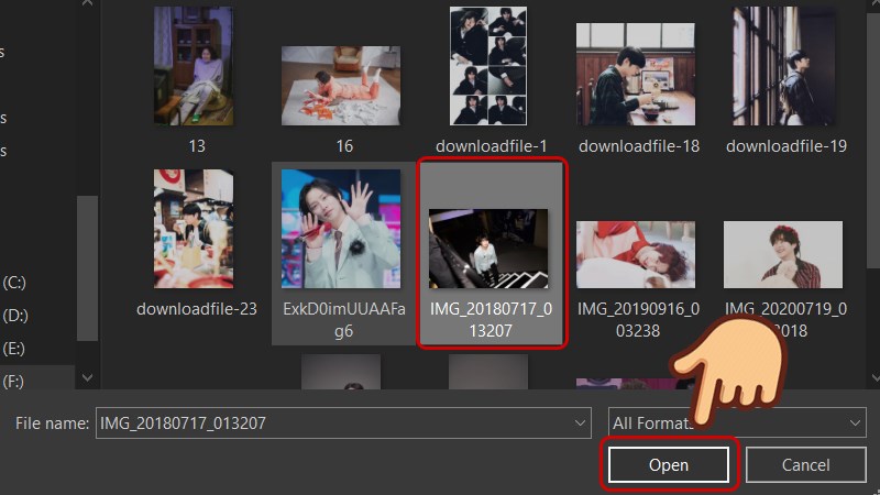 Chọn ảnh mà bạn muốn cắt và click chọn Open