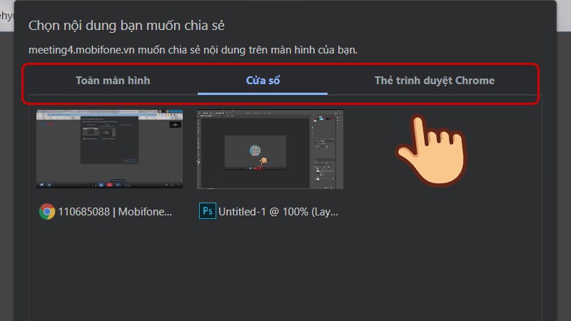 Chọn 1 trong 3 c&aacute;ch thức share m&agrave;n h&igrave;nh