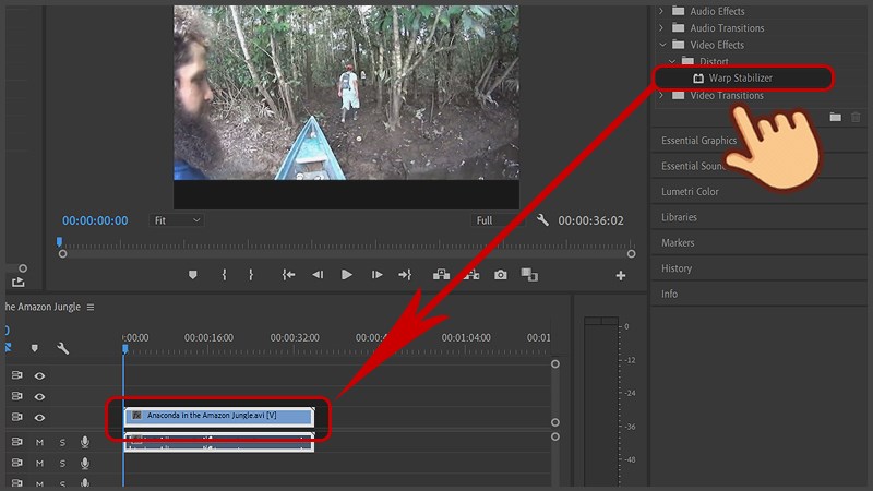  Nhấn và kéo thả hiệu ứng Warp Stabilizer vào frame video