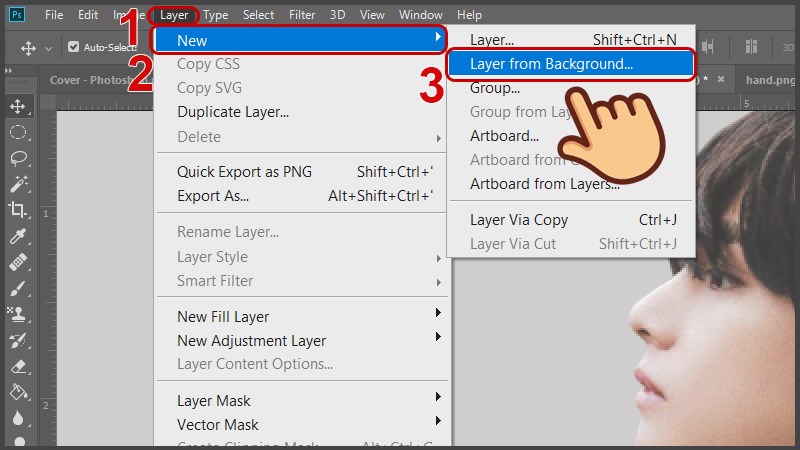 Nhấn đúp vào background hoặc chọn vào background và chọn Layer > New > Layer From Background
