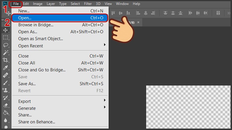 Mở phần mềm Photoshop, chọn File v&agrave; chọn Open