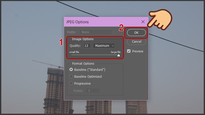 Chọn Quality l&agrave; 12 v&agrave; nhấn OK để xuất ảnh