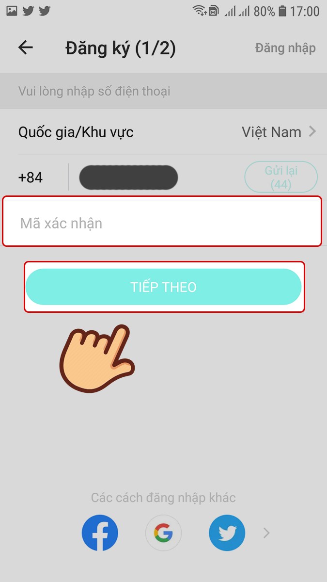 Nhập mã OTP và chọn Tiếp theo