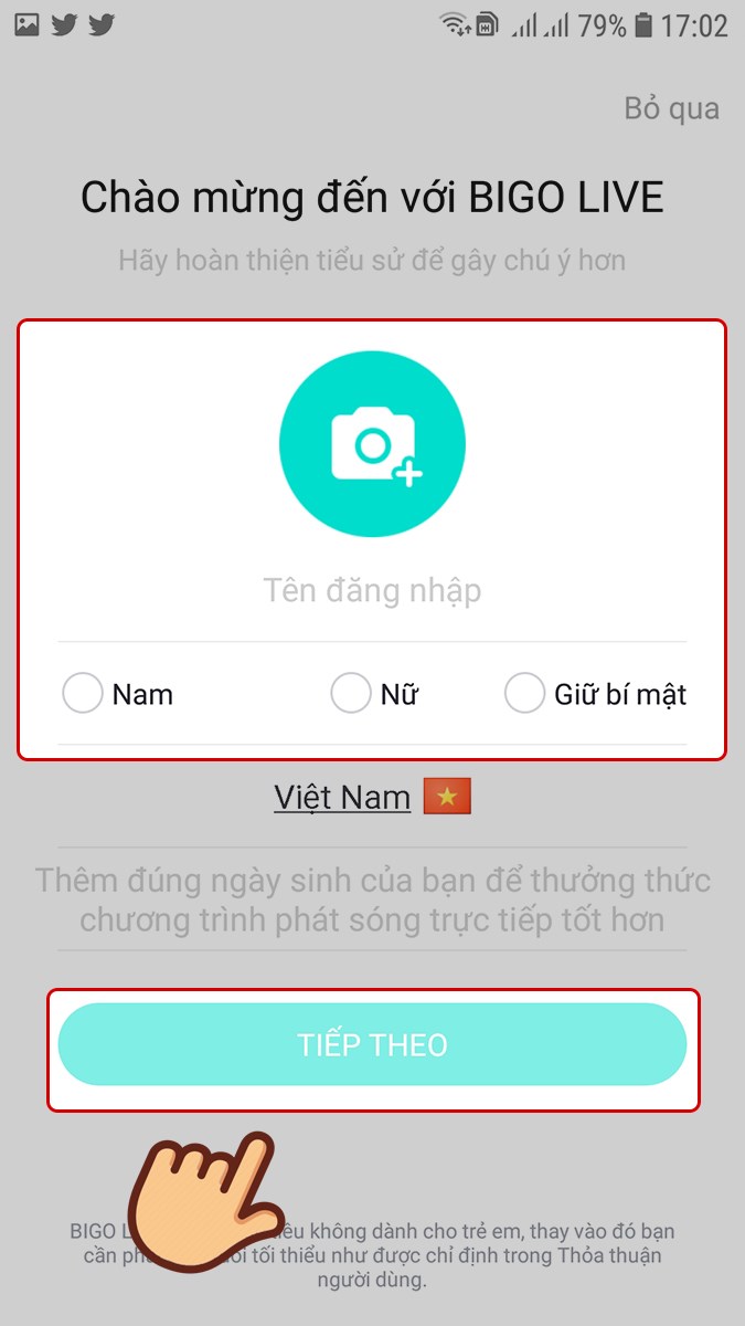 Chọn ảnh đại diện, tên đăng nhập, giới tính của bạn và chọn Tiếp theo