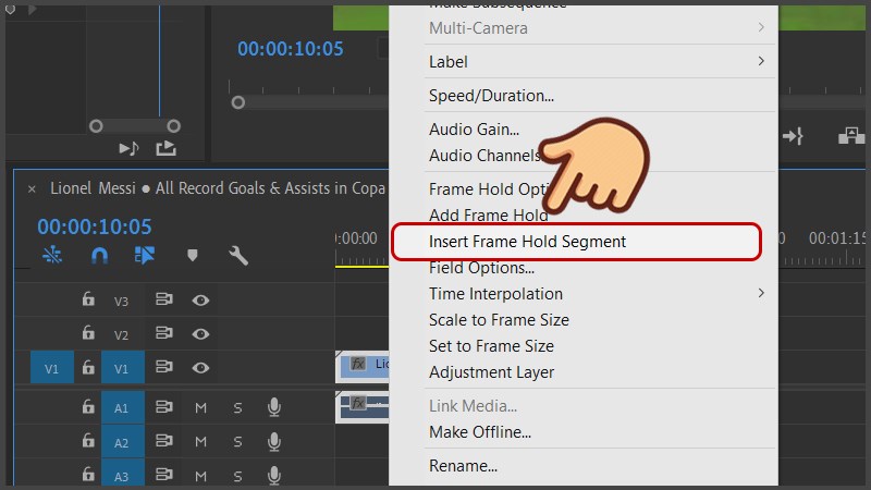 Nhấn chuột phải v&agrave;o Frame video v&agrave; chọn Insert Frame Hold Segment