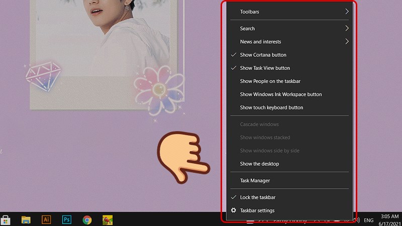 Nhấp chuột phải vào taskbar để mở ra menu ngữ cảnh