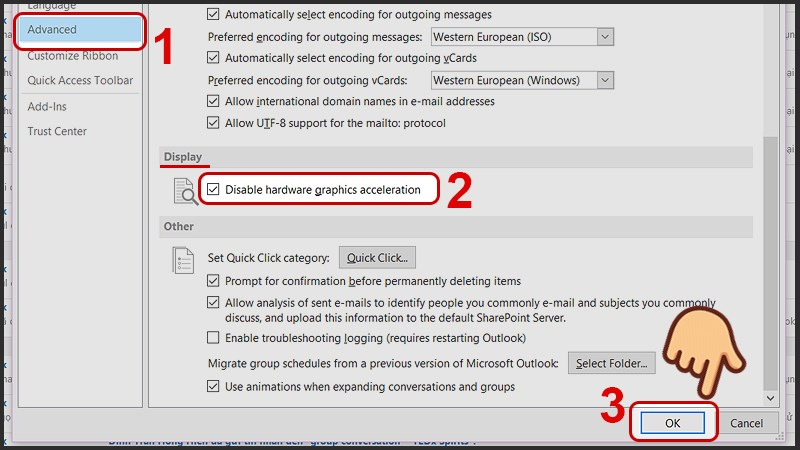 Chọn thẻ Advanced, ở mục Display đánh dấu tích vào ô Disable hardware graphics acceleration và nhấn OK