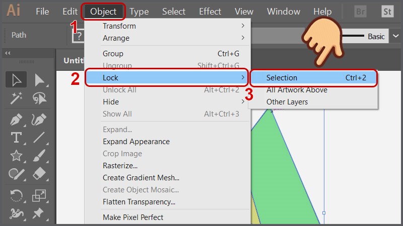 Chọn Object > Lock > Selection (hoặc nhấn tổ hợp ph&iacute;m Ctrl +2)