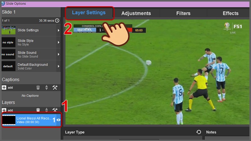 Chọn vào video ở mục Layers và chọn Layer Setting
