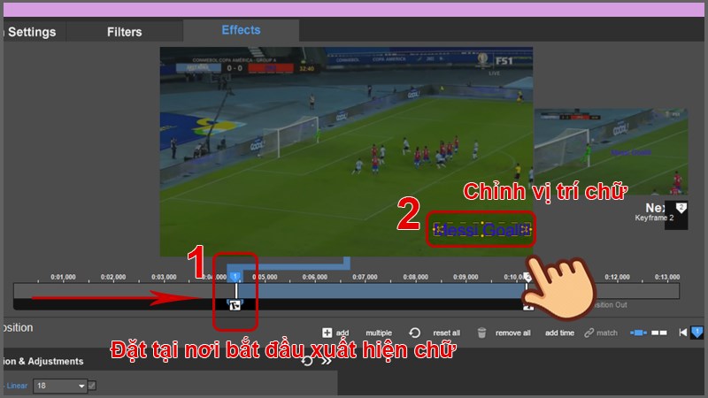 Đặt chữ ở keyframe 1 là thời gian và vị trí bắt đầu