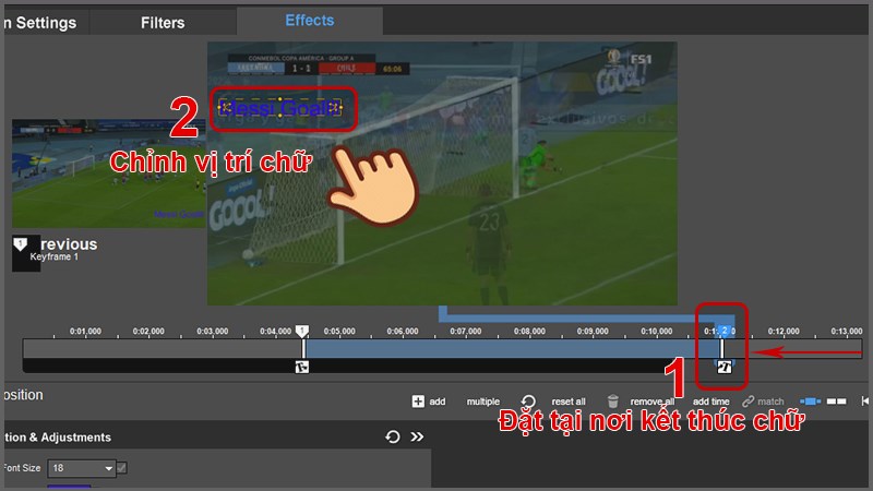 Đặt chữ ở keyframe 2 là thời gian và vị trí kết thúc