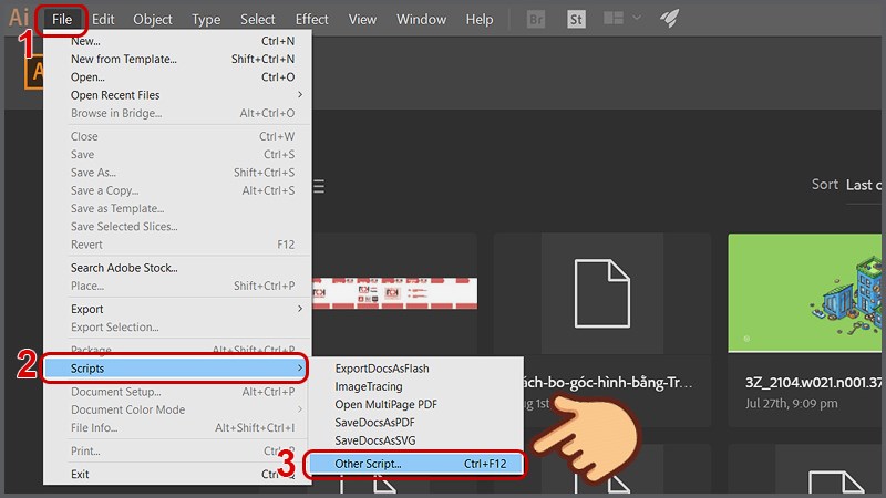 Mở phần mềm Adobe Illustrator, chọn File > Script > Other Script Mở phần mềm Adobe Illustrator, chọn File > Script > Other Script