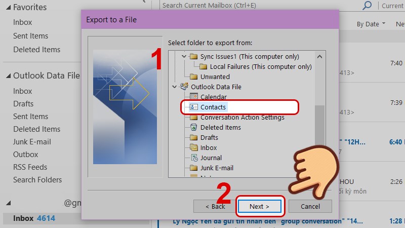 Chọn thư mục Contact bên dưới tài khoản của bạn và chọn Next