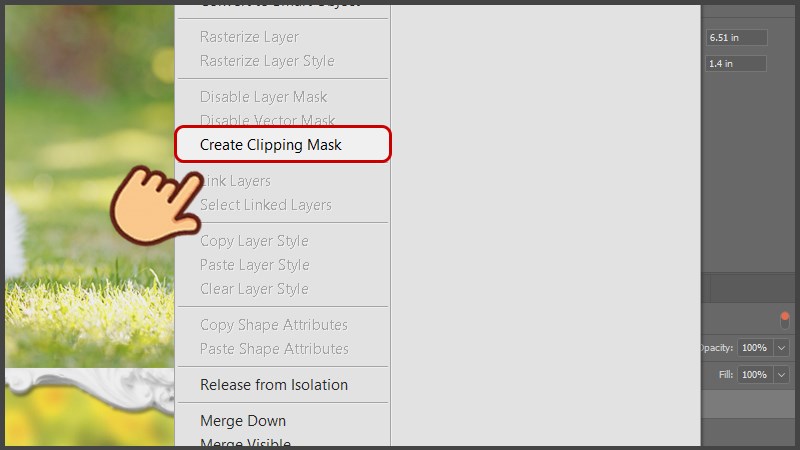 Nhấn chuột trái vào layer hình và chọn Create Clipping Mask