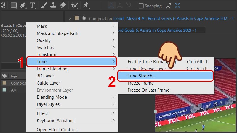 Bấm chuột phải vào layer video chọn Time và chọn Time Stretch…