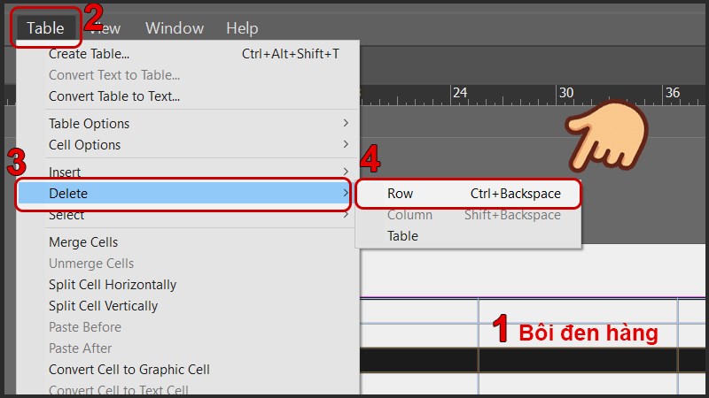 B&ocirc;i đen h&agrave;ng muốn x&oacute;a v&agrave; chọn Table > Delete > Row