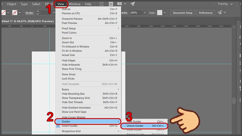 V&agrave;o View > Guides > Unlock Guides để bỏ kh&oacute;a