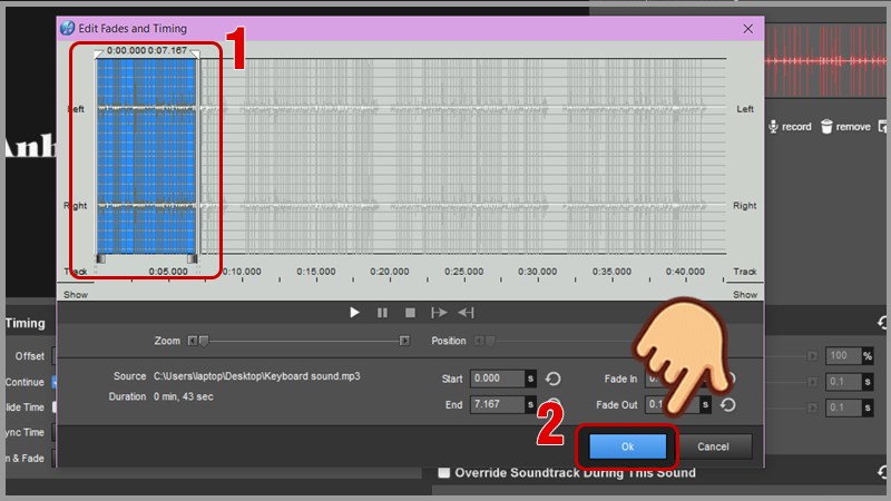 Kéo cắt nhỏ lại đoạn âm thanh và nhấn OK