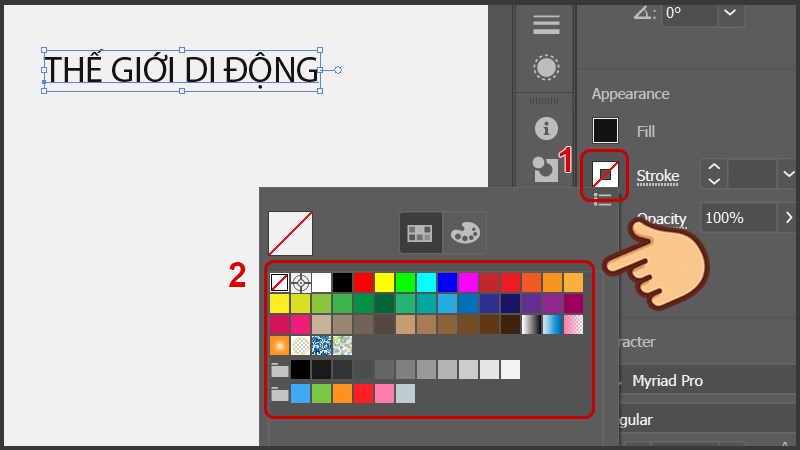 Tại hộp thoại Appearance bạn chọn màu viền cho chữ ở ô Stroke