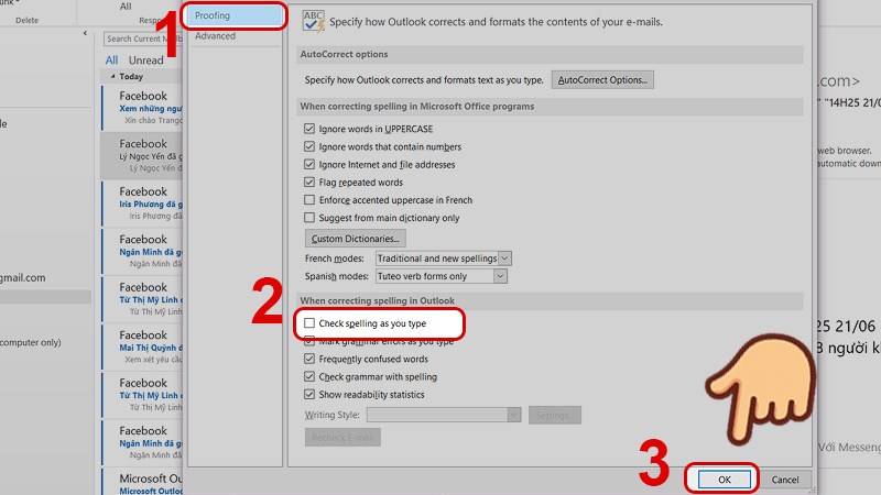 Bỏ đ&aacute;nh dấu &ocirc; Check spelling as you type v&agrave; nhấn OK