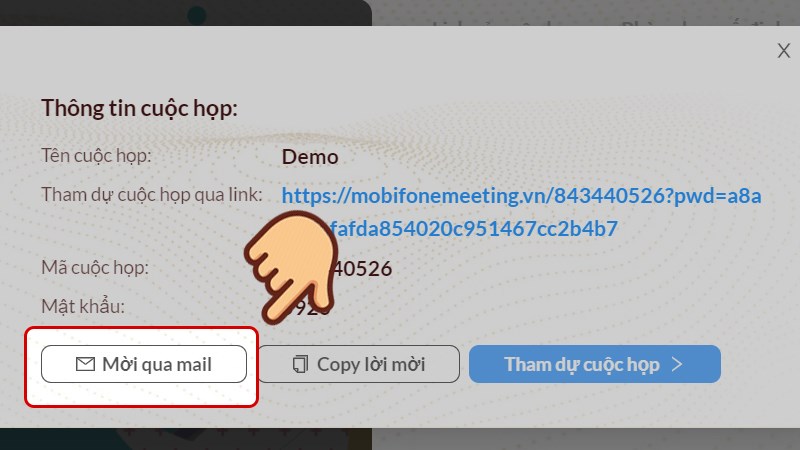Chọn Mời qua mail