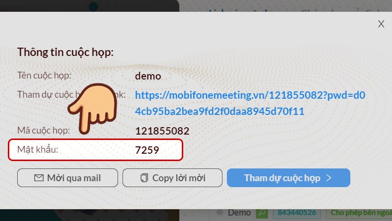 Mật khẩu ph&ograve;ng họp được hiển thị ở th&ocirc;ng tin ph&ograve;ng họp