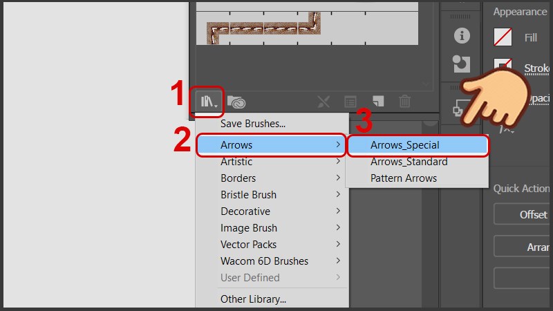 Chọn biểu tượng Brush Libraries Menu > chọn Arrow và chọn Arrow_Special