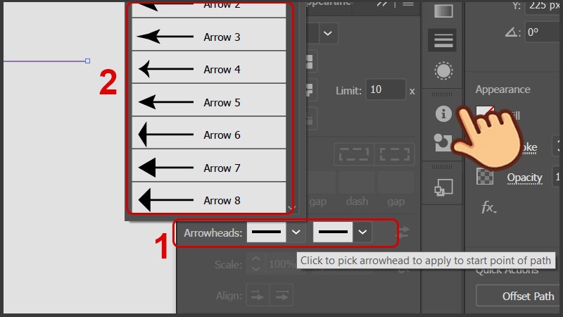 Chọn hướng đầu mũi tên và hình dạng mũi tên mà bạn muốn