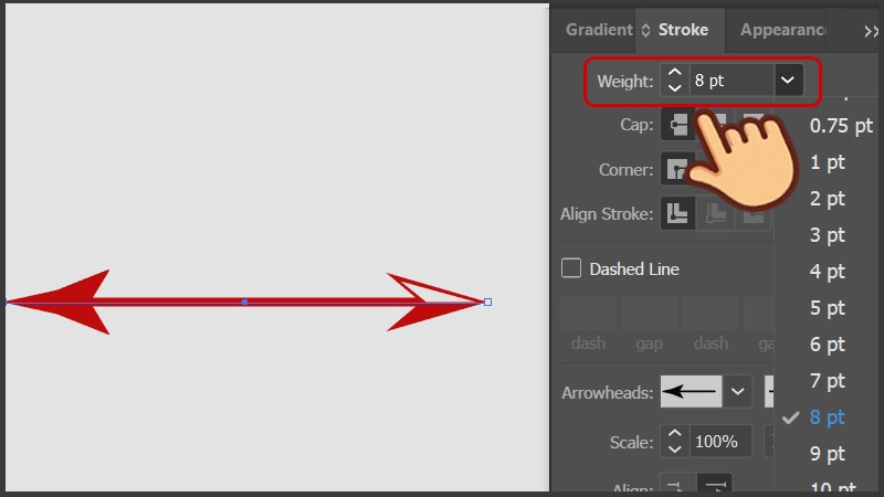 Bấm vào mũi tên xổ xuống ở mục Weight và chọn size để tùy chỉnh kích thước lớn nhỏ