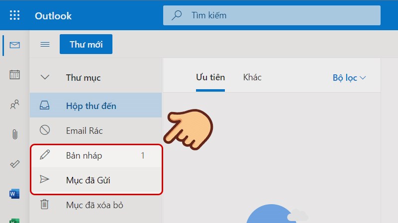 Chọn mở mục thư đ&atilde; gửi hoặc thư nh&aacute;p