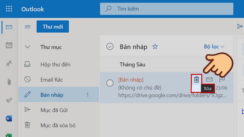 Chọn biểu tượng th&ugrave;ng r&aacute;c ngay tr&ecirc;n thư đ&oacute;