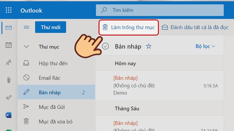 Nhấn v&agrave;o L&agrave;m trống thư mục