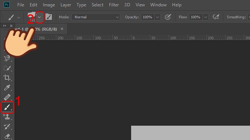 Chọn công cụ Brush, sau đó nhấn vào mũi tên xổ xuống ở thanh công cụ