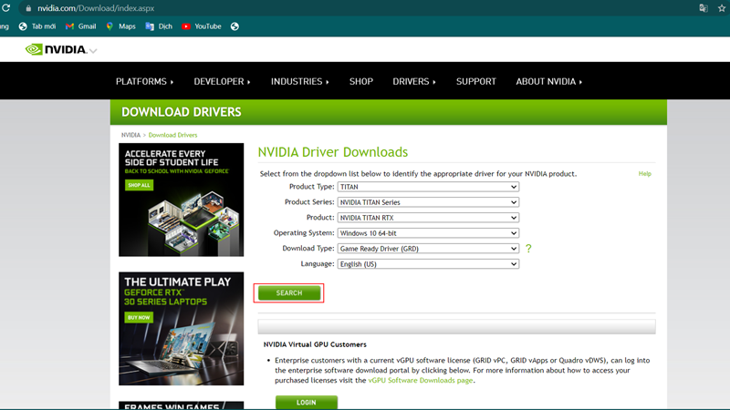 Vào trang web NVIDIA để tải driver cũ hơn phù hợp với phiên bản Microsoft của máy tính