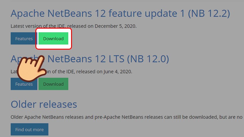 Vào trang web tải NetBeans IDE, chọn Download ở phiên bản mới nhất