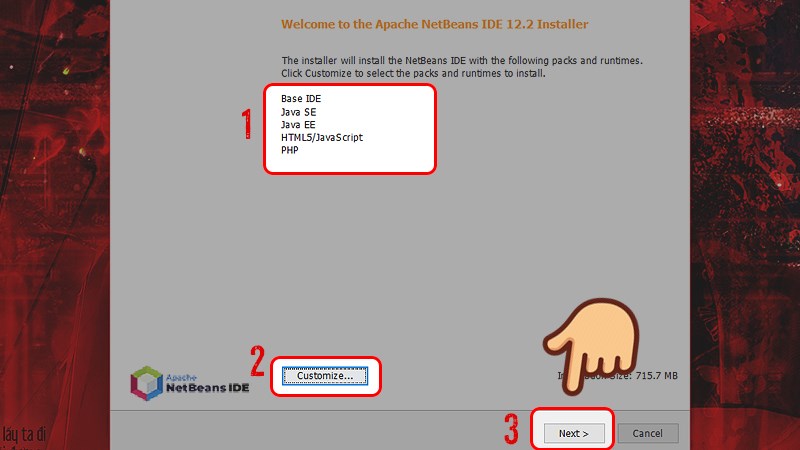 Vào mục Customize để chọn thêm hoặc bớt ngôn ngữ, chọn Next để tiếp tục quá trình cài đặt