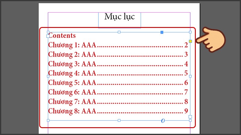 Chọn vào khung chứa mục lục