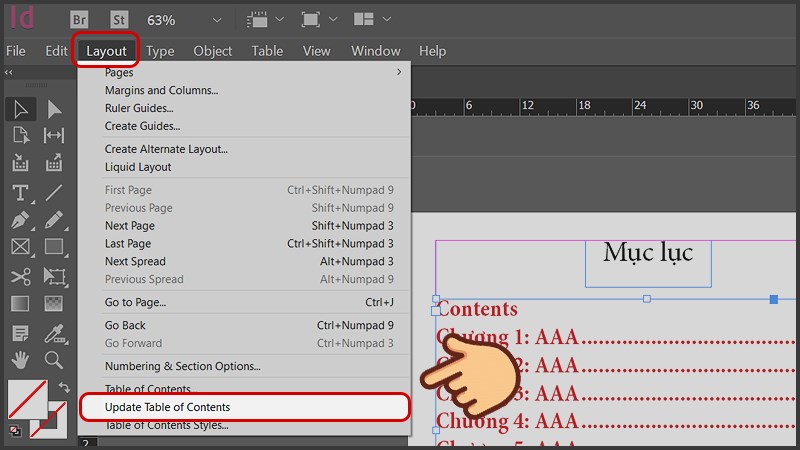 Chọn Layout và chọn Update Table of Contents