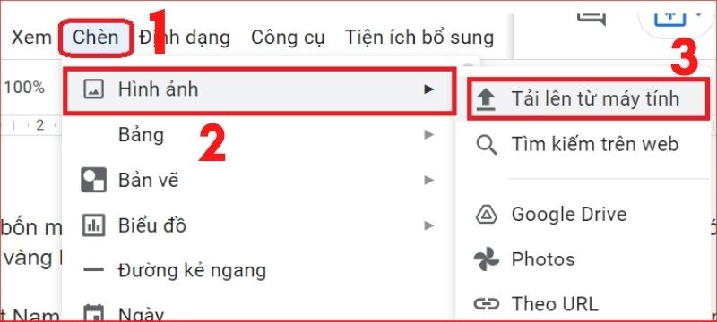 Nhấn mục Ch&egrave;n, chọn mục H&igrave;nh ảnh, chọn nguồn tải ảnh l&ecirc;n