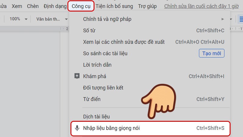 Nhấn vào Công cụ (Tool) và chọn Nhập liệu bằng giọng nói (Voice typing)