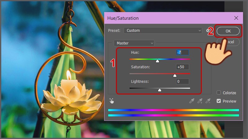 Nhấn tổ hợp phím Ctrl + U để mở hộp thoại Hue/Saturation và chỉnh tăng cường độ màu sắc cho ảnh