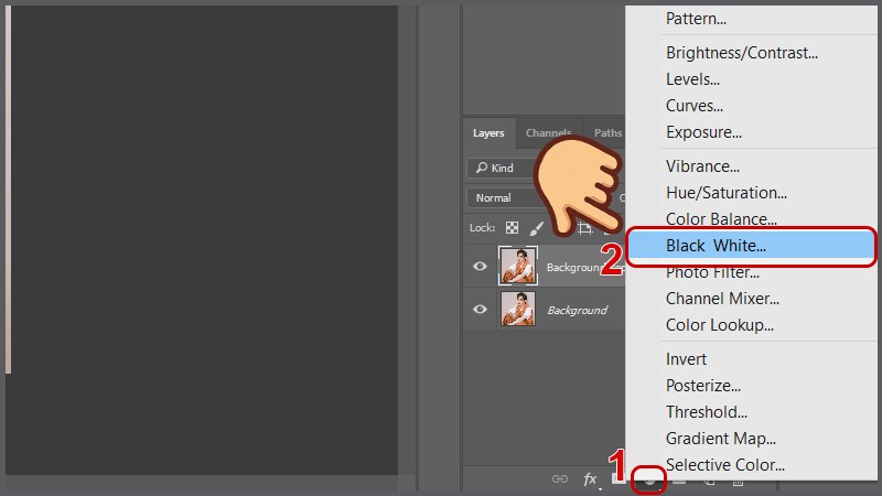 Click chuột phải vào nút Create new fill or adjustment layer rồi chọn Black White…