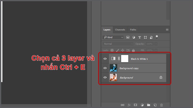 Nhấn giữ Ctrl và click chọn các layer rồi nhấn Ctrl + E để gộp 3 layer lại