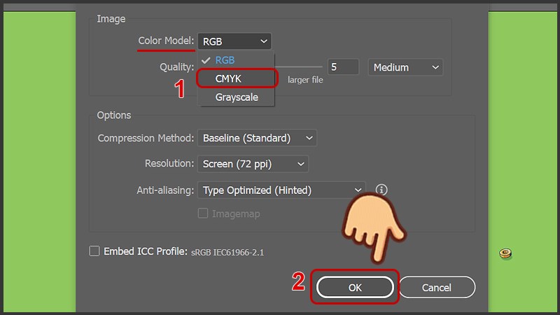 Ở mục Color Model bạn chọn hệ màu CMYK, nhấn OK để lưu