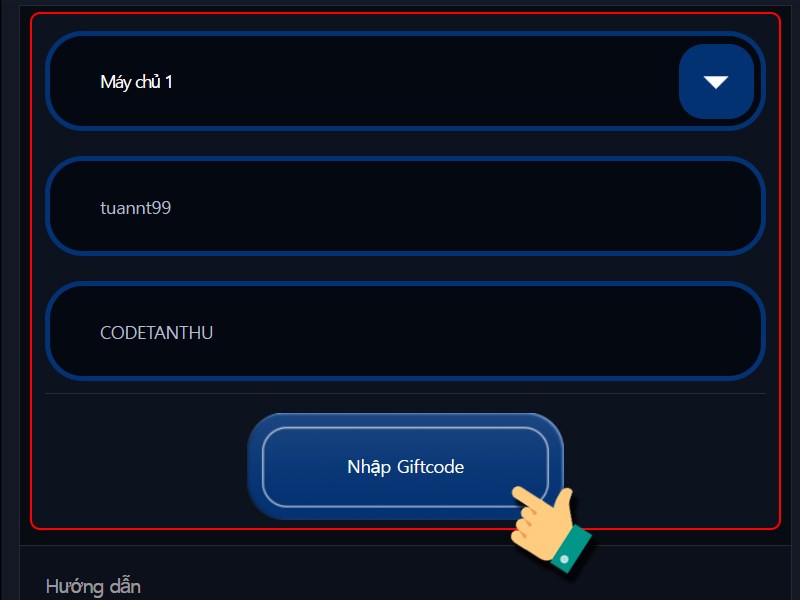 Nhập thông tin nhân vật và nhập code