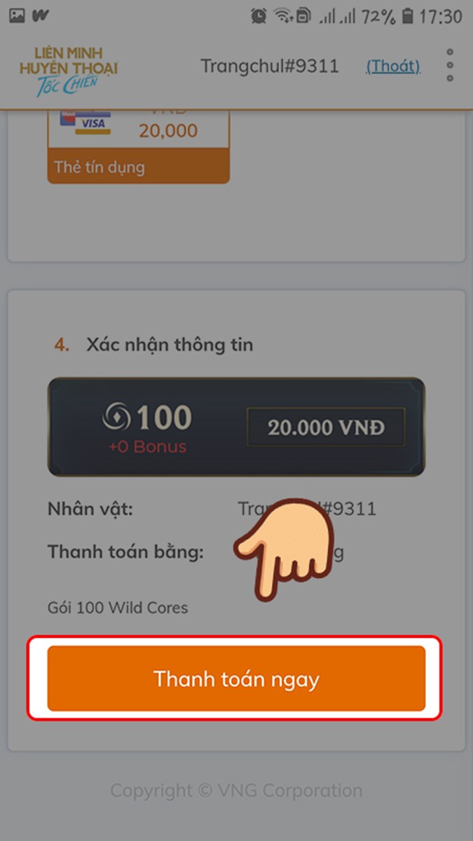 Kéo xuống dưới cùng và chọn Thanh toán ngay